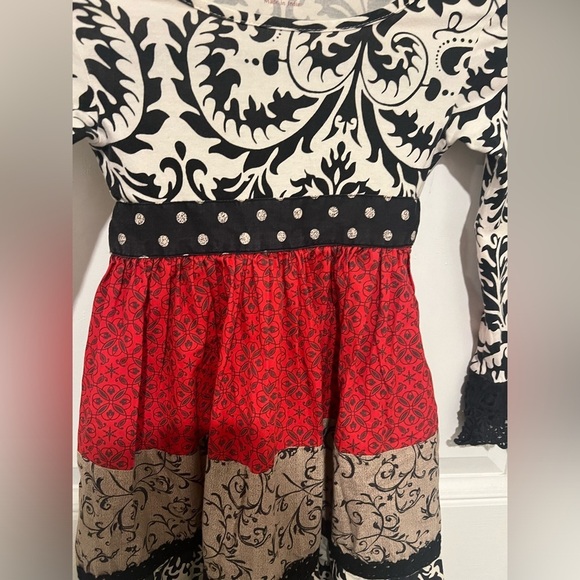 Mustard Pie Kids Red, Black, & White Damask Patchwork Dress with Lace Trim Sz 4 - Picture 10 of 13